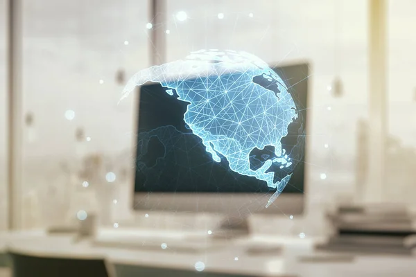 Doppelbelichtung der grafischen Amerika-Karte auf Computerhintergrund, Big Data und digitales Technologie-Konzept — Stockfoto