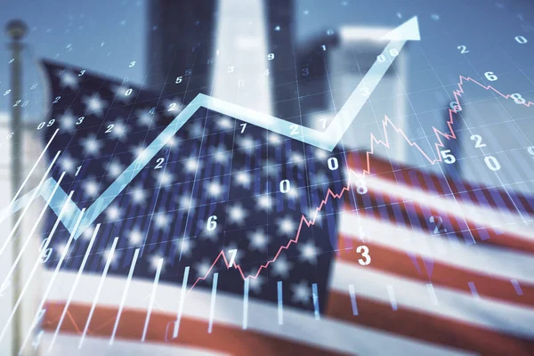 Multi exposure of abstract financial diagram and upward arrow on US flag and city background, rise and breakthrough concept — Stock Photo, Image