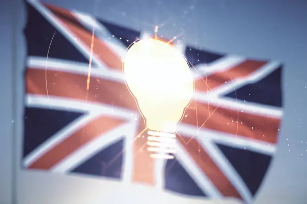 Abstract virtual light bulb illustration on British flag and sunset sky background, future technology concept. Multiexposição — Fotografia de Stock