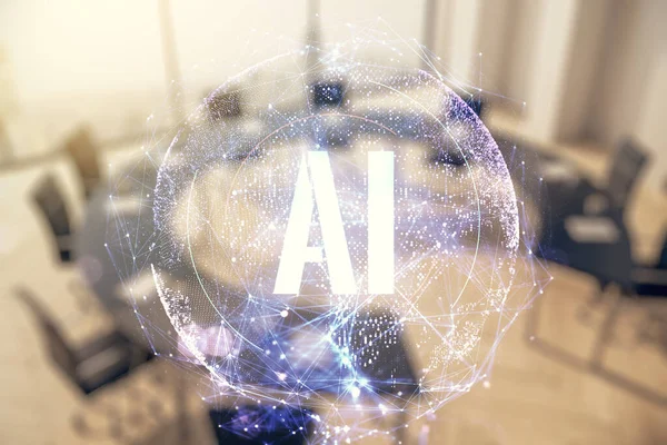 Creative artificial Intelligence symbol hologram on a modern coworking room background. Double exposure — Stock Photo, Image