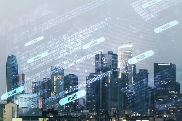 Abstrakte Illustration virtueller Codierung und Weltkarte auf dem Hintergrund des Stadtbildes von Los Angeles, internationales Softwareentwicklungskonzept. Mehrfachexposition — Stockfoto