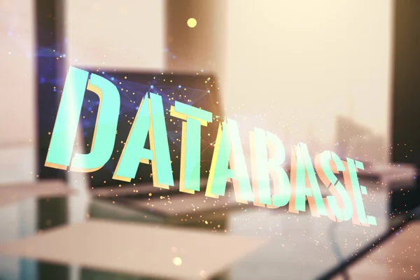 Double exposure of Database word sign on laptop background, global research and analytics concept — Stock fotografie