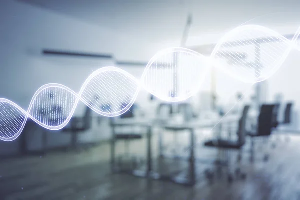 DNA hologram op een modern ingericht klaslokaal achtergrond, wetenschap en biologie concept. Meervoudige blootstelling — Stockfoto
