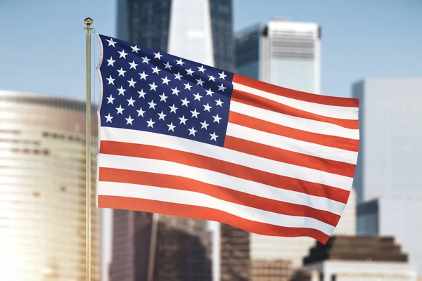 USA-Flagge auf verschwommenem Wolkenkratzer-Hintergrund — Stockfoto