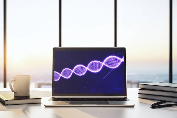 Esboço de DNA criativo no monitor de laptop moderno, biotecnologia e conceito genético. Renderização 3D — Fotografia de Stock