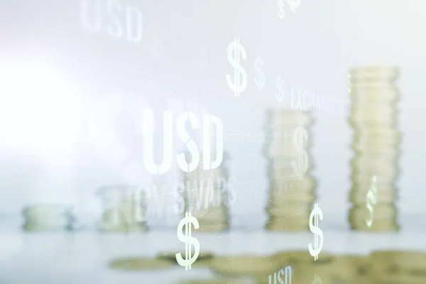 仮想USDシンボルはコインの背景のスタックにイラストを表示します。取引と通貨の概念。多重露光 — ストック写真