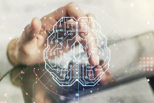 Conceito de inteligência artificial criativa com esboço do cérebro humano e prensas de dedo em um tablet digital em segundo plano. Dupla exposição — Fotografia de Stock