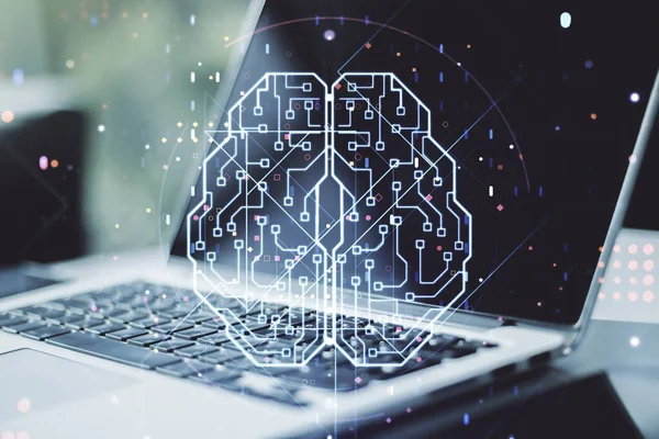 Double exposure of creative artificial Intelligence symbol with modern laptop on background. Neural networks and machine learning concept — Stock Photo, Image
