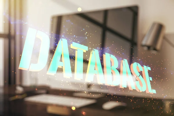 Double exposure of Database word sign on laptop background, global research and analytics concept — Stock fotografie