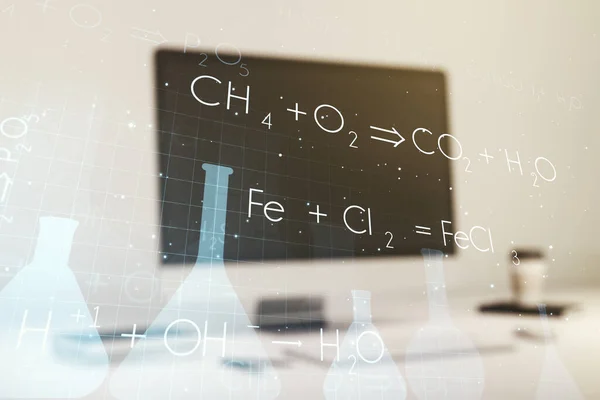 Ilustración química creativa sobre el fondo de la computadora moderna, ciencia y concepto de investigación. Multiexposición — Foto de Stock