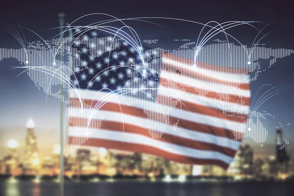 Double exposure of abstract digital world map hologram with connections on US flag and city background, big data and blockchain concept