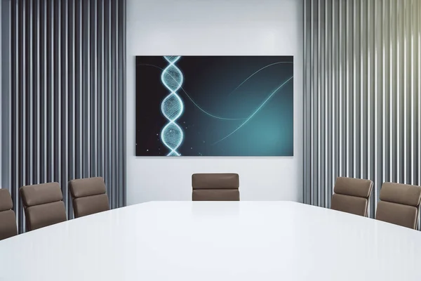 Creative DNA hologram on presentation tv screen in a modern meeting room. Bio Engineering and DNA Research concept. 3D Rendering