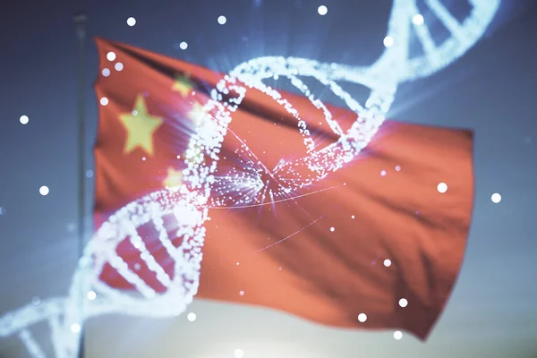Double exposure of creative DNA hologram on Chinese flag and blue sky background. Bio Engineering and DNA Research concept