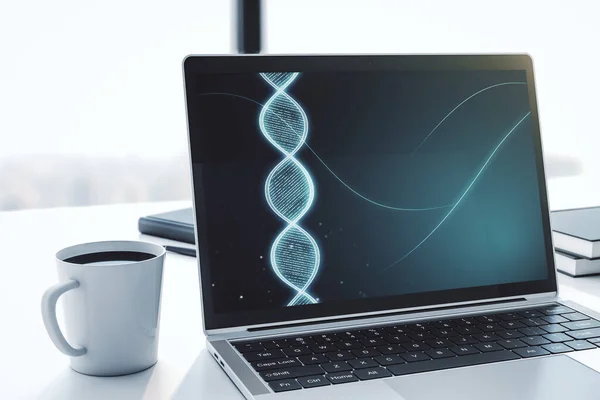 Ilustração de DNA de luz criativa em monitor de computador moderno, conceito de ciência e biologia. Renderização 3D — Fotografia de Stock