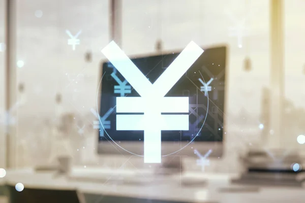Disegno di simbolo Yen giapponese creativo su sfondo portatile moderno, strategia e concetto di previsione. Multiesposizione — Foto Stock