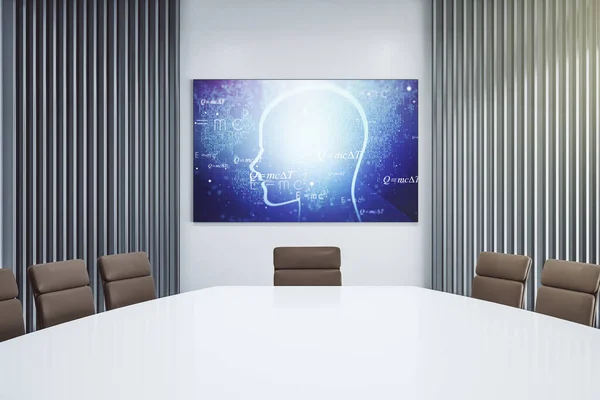 Modern bir konferans odasında sunum ekranında insan kafası hologramıyla yaratıcı yapay zeka kavramı. 3B Hazırlama — Stok fotoğraf