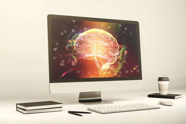 Kreativ artificiell intelligens koncept med mänsklig hjärna skiss på modern bärbar bildskärm. 3D-återgivning — Stockfoto