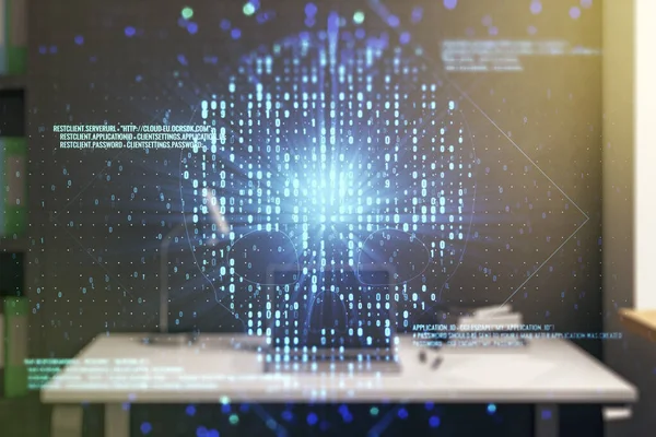 Creatief concept van code schedel illustratie en moderne desktop met computer op de achtergrond. Hacken en phishing concept. Meervoudige blootstelling — Stockfoto