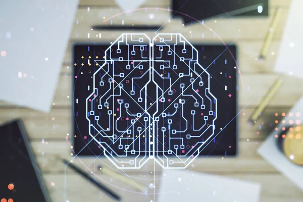 Dupla exposição do símbolo de inteligência artificial criativa e tablet digital no fundo, vista superior. Redes neurais e conceito de aprendizado de máquina — Fotografia de Stock