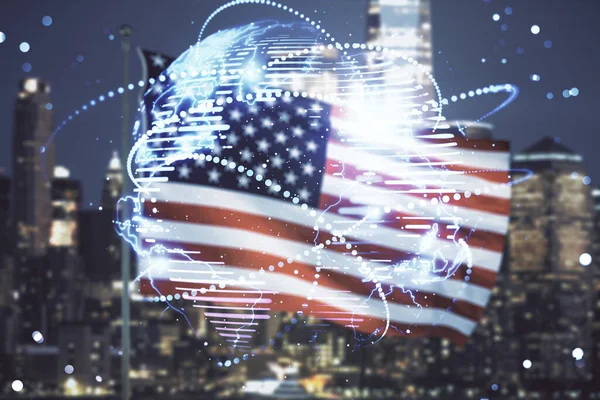 Abstraktní grafický digitální světový hologram s připojením na vlajku USA a rozmazané pozadí mrakodrapů, koncept globalizace. Multiexpozice — Stock fotografie