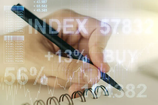 Exposição múltipla de diagrama financeiro abstrato com escrita à mão em bloco de notas em segundo plano, bancário e conceito de contabilidade — Fotografia de Stock