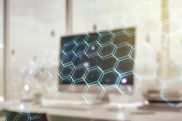 Kreativ abstrakt teknik skiss med hexagon rutnät på modern bärbar bakgrund, framtida teknik och AI koncept. Dubbel exponering — Stockfoto