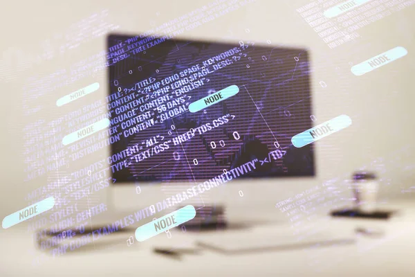 Multi exposição do holograma abstrato da linguagem de programação com mapa do mundo no fundo do computador, inteligência artificial e conceito das redes neurais — Fotografia de Stock