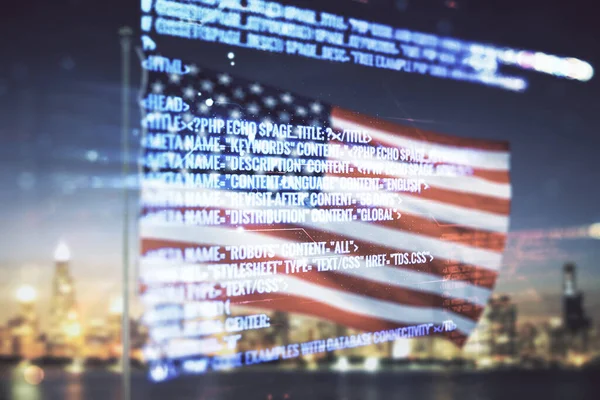 Multi expozice abstraktního grafického kódovacího náčrtu na pozadí vlajky a siluety USA, velká data a koncepce vytváření sítí — Stock fotografie