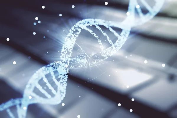 Parlak metal arka plan, biyoteknoloji ve genetik konsept üzerine DNA hologramı. Çoklu pozlama — Stok fotoğraf