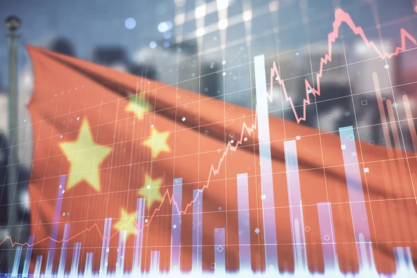 Double exposure of abstract creative financial chart hologram on flag of China and blurry skyscrapers background, research and strategy concept — Stock Photo, Image