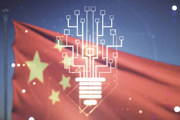虚拟创意灯泡演示与微电路在中国国旗和蓝天背景，未来的技术概念。多重接触 — 图库照片