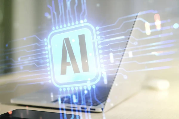 Doppelbelichtung der Ikone der kreativen künstlichen Intelligenz mit modernem Laptop im Hintergrund. Neuronale Netzwerke und maschinelles Lernkonzept — Stockfoto