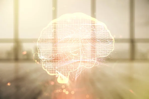 Virtuell kreativ artificiell intelligens hologram med mänsklig hjärna skiss på modern interiör bakgrund. Dubbel exponering — Stockfoto