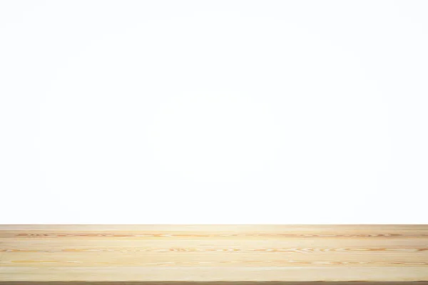 Tampo de mesa de madeira vazio com fundo branco, simular — Fotografia de Stock