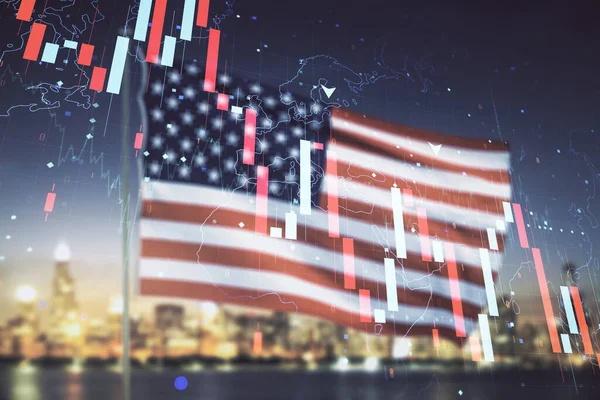 Ekonomická krize graf a mapa světa hologram na pozadí USA vlajky a rozmazané mrakodrapy, bankrot a recese koncept. Multiexpozice — Stock fotografie