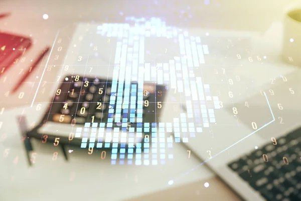 Double exposure of creative Bitcoin symbol hologram on calculator and pc background. Mining and blockchain concept — Stock Photo, Image