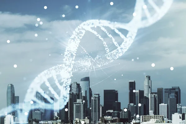 Illustrazione virtuale del simbolo del DNA sullo sfondo dello skyline di Los Angeles. Concetto di ricerca genomica. Multiesposizione — Foto Stock