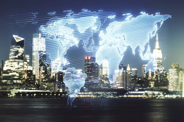 뉴욕 시 마천 루 배경의 추상 디지털 세계 지도의 두 번째 노출, 연구 및 전략 개념 — 스톡 사진