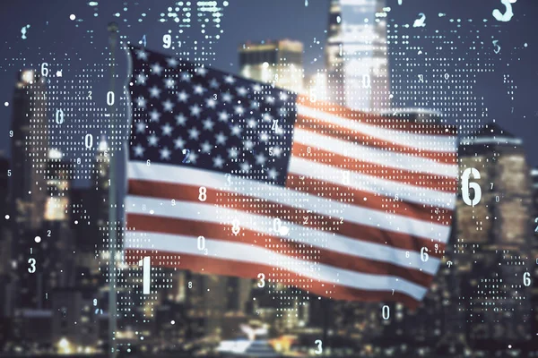 Wielokrotna ekspozycja abstrakcyjnego hologramu programistycznego i mapy świata na flagę USA i niewyraźne wieżowce tle, globalne badania i koncepcja analityki — Zdjęcie stockowe