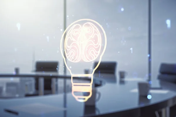 現代の会議室の背景に人間の脳と抽象的な仮想創造的な電球のホログラムの二重暴露,アイデアとブレインストーミングの概念 — ストック写真
