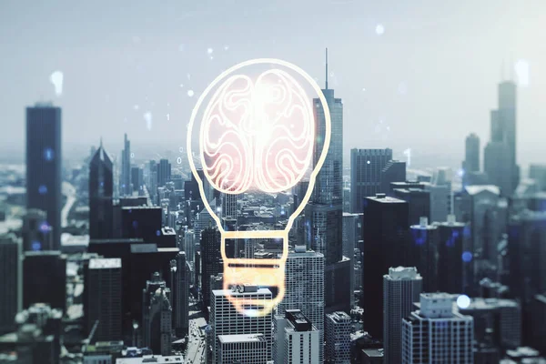 Double exposure of abstract virtual creative light bulb hologram with human brain on Chicago city skyscrapers background, idea and brainstorming concept