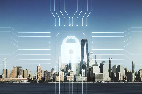 ニューヨークの街並みを背景にマイクロ回路と仮想創造的なロックイラスト、サイバーセキュリティの概念。多重露光 — ストック写真