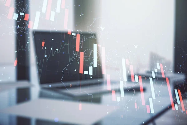 Creative abstract global crisis chart with world map sketch on modern laptop background, falling markets and collapse of global economy concept. Double exposure