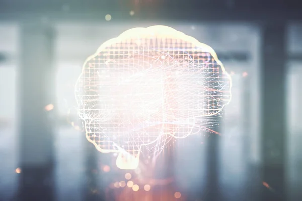 Virtuell kreativ artificiell intelligens hologram med mänsklig hjärna skiss på modern interiör bakgrund. Dubbel exponering — Stockfoto