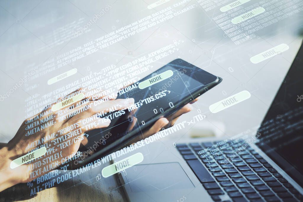 Abstract creative coding concept with finger clicks on a digital tablet on background. Multiexposure