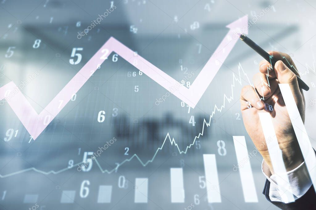 Multi exposure of businessman hand with pen working with virtual abstract financial graph and upward arrow on blurred office background, forex and investment concept