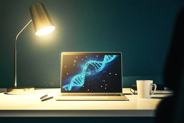 Esboço de DNA criativo no monitor de laptop moderno, biotecnologia e conceito genético. Renderização 3D — Fotografia de Stock