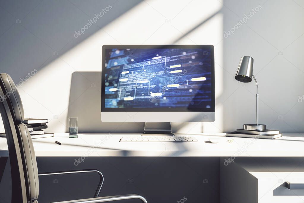 Modern computer display with abstract software development hologram, research and analytics concept. 3D Rendering