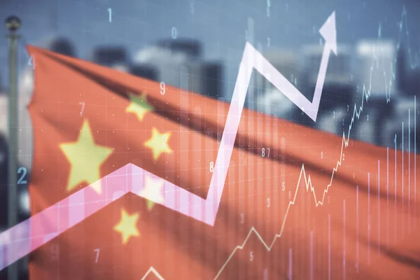 Double exposure of abstract creative financial chart and upward arrow illustration on flag of China and blurry skyscrapers background, research and strategy concept — Stock Photo, Image