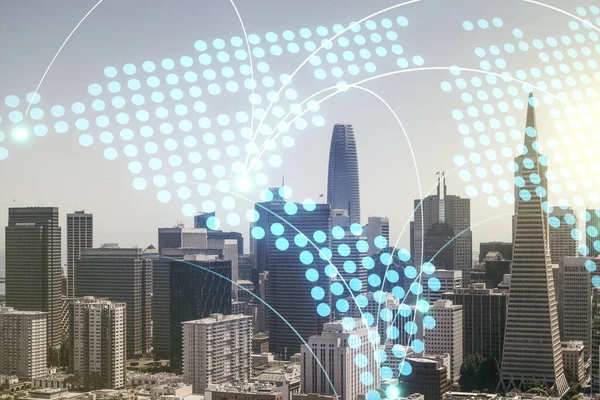 Mapa del mundo virtual abstracto con conexiones en el horizonte de San Francisco, concepto de comercio internacional. Multiexposición — Foto de Stock